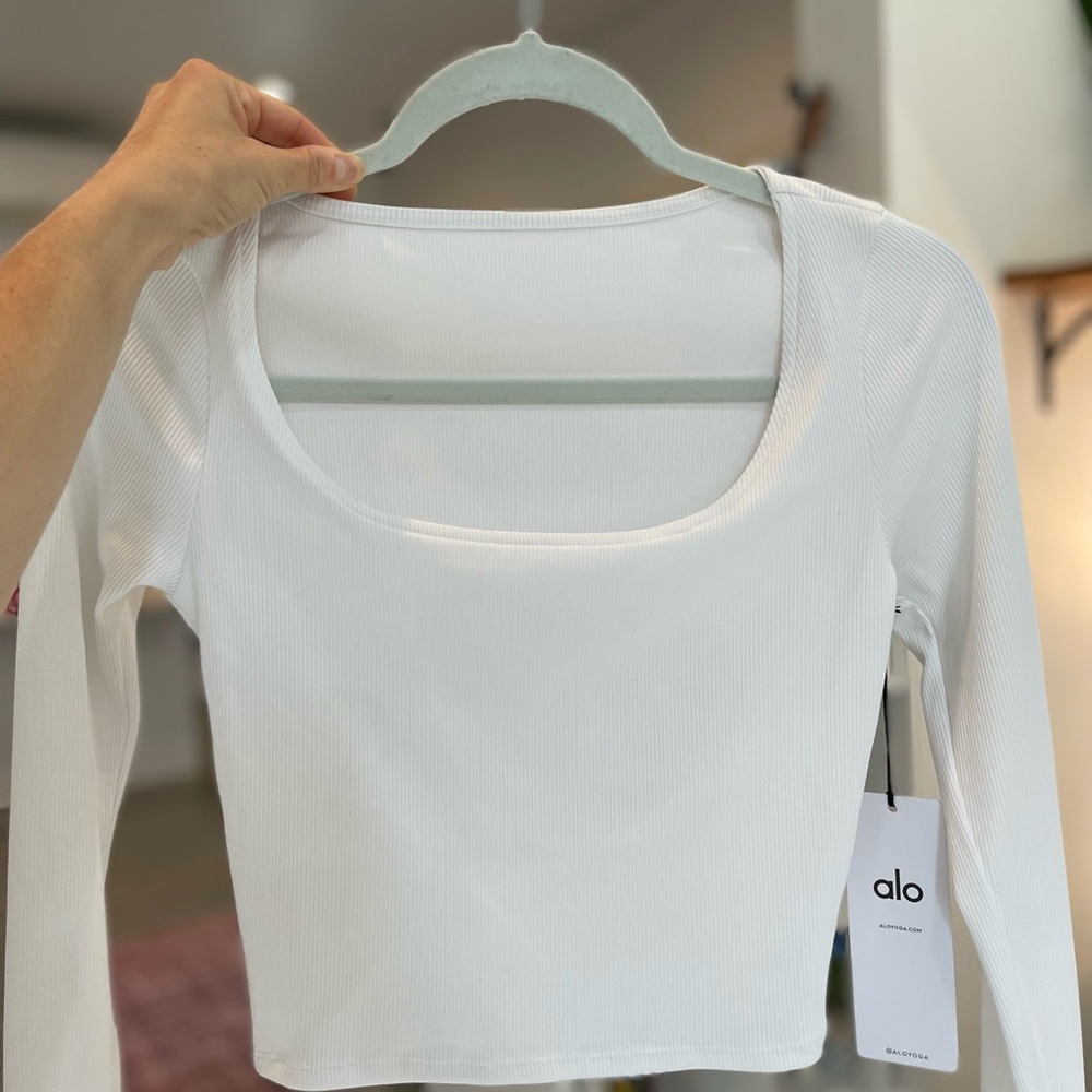 ALO Yoga Alosoft Ribbed White Show Stopper Long Sleeve Top
